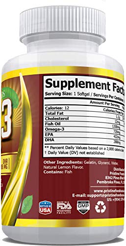 Omega 3 Fish Oil 1200 Mg by Pristine Foods - Essential Fats, Natural Immune System Booster Supplement, 100% Pure, EPA, DHA, Heart Brain Joint Nerve Skin Support, 60 Soft Gel Capsules
