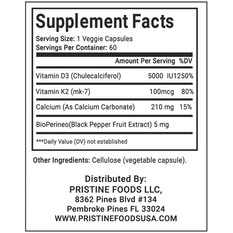 Pristine Foods Ultra Premium Vitamin K2 + D3 Supplement - Muscles, Bone & Heart Health, Immune Support, K2-MK7 & D3-5000 IU Superior Absorption - 60 Capsules