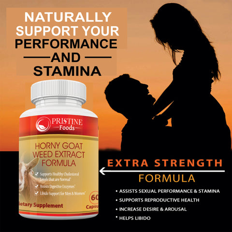 Pristine Foods Horny Goat Weed Extract - Extra Strength Libido Booster, Energy, Stamina & Performance - L-Arginine, Saw Palmetto, Tongkat Ali, Other Power Vitamins - 60 Capsules