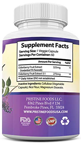 Pristine Foods Elderberry Capsules 600mg - Powerful Immune Booster Support Recovery from Cold & Flu, Antioxidant Vitamin - 60 Capsules