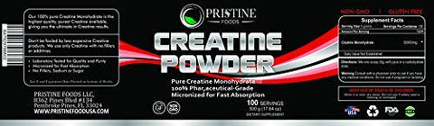 Pristine Foods Creatine Monohydrate 300 Grams, Vegan, Non-GMO, Gluten Free, Soy Free. Aid Strength Gains, No Artificial Ingredients Made in USA