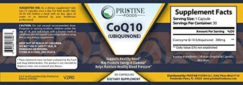 Pristine Foods CoQ10 Supplements 200mg - High Absorption Supports Heart Health, Lower Blood Pressure Coenzyme Q10 Ubiquinone Vitamin - 30 Capsules