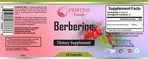 Premium Berberine HCI 1200mg by Pristine Foods 60 Capsules Supports Glucose Metabolism, Immune System, Blood Sugar, Cardiovascular & Gastrointestinal Function Insulin Stabilizer for Diabetes Non GMO