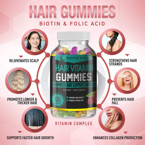 Pristine Foods Hair Vitamins Gummies - Advanced Hair Growth Formula with Biotin 5000mcg, Folic Acid & More - 60 Vegetarian Gummy