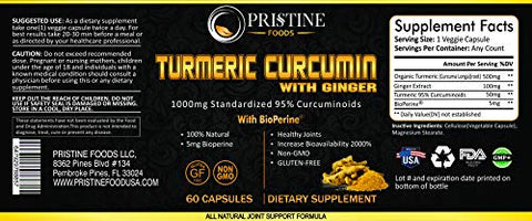 Pristine Foods Turmeric Curcumin Supplement w Ginger BioPerine Black Pepper Extract Best Joint Pain Relief Anti-Inflammatory Antioxidant Anti-Aging Support Non-GMO Vegan Gluten-Free Turmeric Capsules