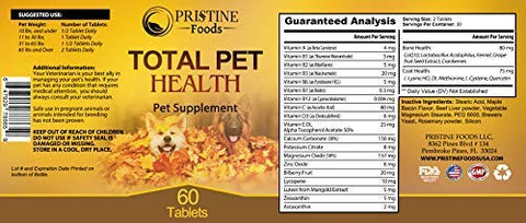 Pristine Foods Ultra Premium Pet Multivitamin Total Health Supplement for Cats & Dogs Bone Coat Joint Immune Digestion Support with Zinc Calcium B Vitamins 60 Chewable Nutrition Tablets Made in USA
