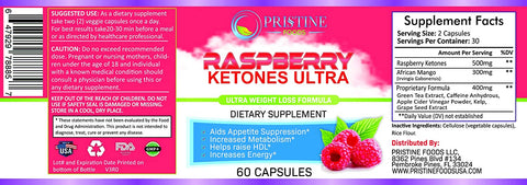Pristine Foods 100% Pure Raspberry Ketone Complex Ultra 1200mg, Weight Loss Pills, Thermogenic Effect - Green Tea Extract, African Mango, Grape Seed Extract - 60 Veggie Capsules