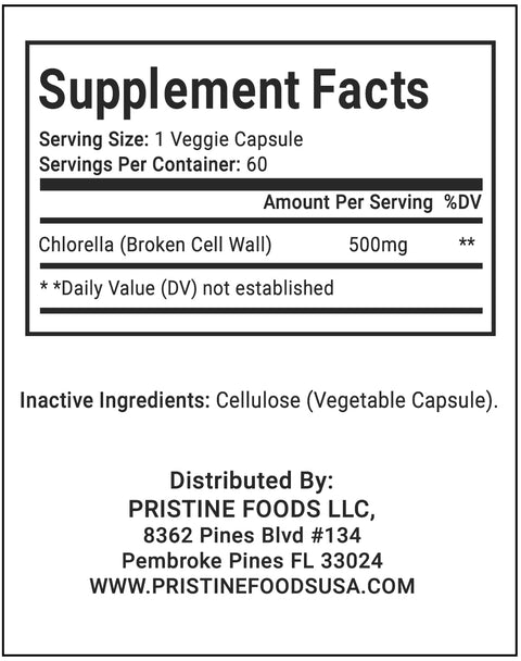 Pristine Foods Pure Chlorella Green Superfood 500mg - Immune Booster, Natural Antioxidant & Detox - 60 Capsules